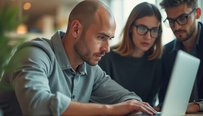 Fototapeta premium Focused team collaborating on a laptop