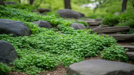 Aged stone staircases in urban areas are adorned with an array of vibrant green plant life