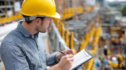 Construction Inspector: A focused inspector in a yellow hardhat meticulously reviews documents on a construction site, overseeing the building process with diligence.