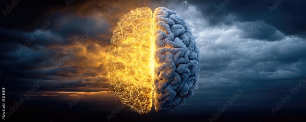 Aufkleber Brain and emotion including fear and mental balance concept. A visual representation of a brain split by contrasting elements.