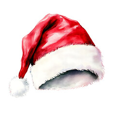Watercolor illustration of Santa hat with fluffy white brim
