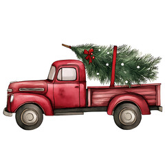 Vintage red truck carrying decorated Christmas tree with ornaments