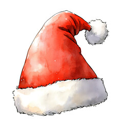 Watercolor illustration of Santa hat with red fabric and white