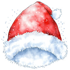 Watercolor illustration of Santa hat with red fabric and white