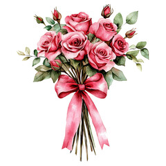 Watercolor illustration of bouquet of pink roses with green leaves
