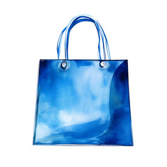 Shiny blue shopping bag with handles reflecting sky and clouds