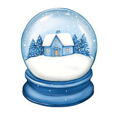 Winter snow globe with cozy house and pine trees, festive holiday
