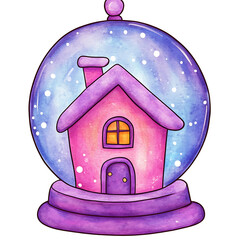 Colorful snow globe with cozy house inside, glowing warmly