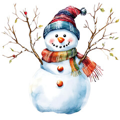 Cheerful snowman with colorful scarf and hat, holding bare tree