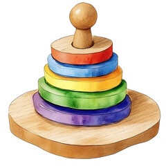 Colorful wooden stacking toy with rings rainbow order round base
