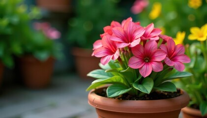 Houstonia blooms in terracotta pot, garden corner , corner, beauty