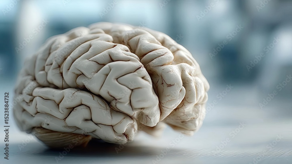 Poster Brain and emotion including fear and mental balance concept. Close-up view of a human brain on a soft blurred background.
