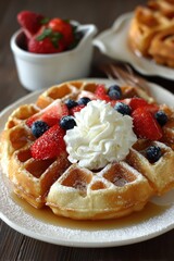 Delicious homemade waffles topped with fresh strawberries, blueberries, and whipped cream for a perfect breakfast or brunch treat