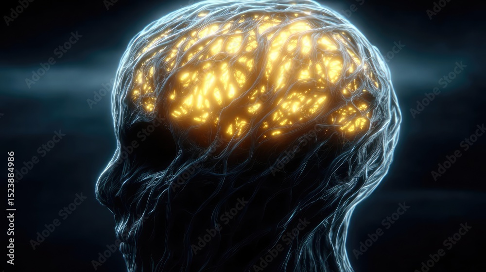 Aufkleber Overthinking mind for fear, worry and healing concept. Abstract representation of a glowing brain with intricate patterns.
