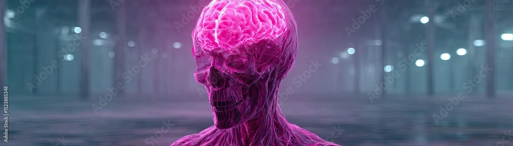 Poster brain and emotion including fear and mental balance concept. a glowing brain-like figure in a surrea