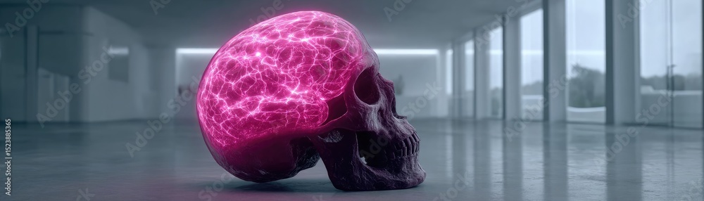 Poster brain and emotion including fear and mental balance concept. futuristic skull with glowing pink elec