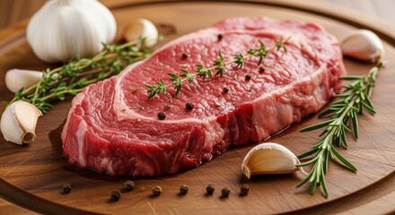 Raw steak with herbs and garlic on a wooden board.