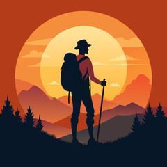 "Cute Crocodile Vector Line Art & Hiker Sunset Silhouette - Funny Animal Cartoon & Outdoor Adventure Clipart"