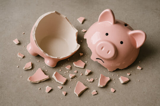 Broken pink piggy bank with shattered pieces scattered around on a grey background.