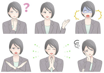 ライトグレースーツ姿のミドル世代ビジネスウーマンのバストアップセットイラスト