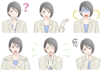 ホワイトスーツ姿のミドル世代ビジネスウーマンのバストアップセットイラスト