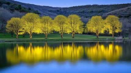 Fototapeta premium Golden canopy mirroring in the tranquil lake under mountain backdrop
