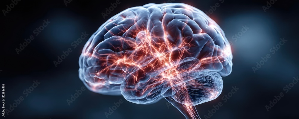 Poster Brain and emotion including fear and mental balance concept. Abstract representation of a brain with glowing neural connections.