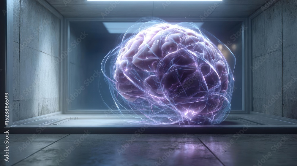 Poster Brain and emotion including fear and mental balance concept. Futuristic visualization of a glowing brain in a laboratory.