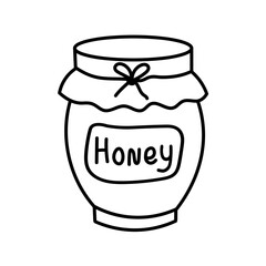 Honey nectar in glass jar sketch on isolated background. Hand drawn mead vector doodle in line art style. Drinks, sweet food, apiary. Design for card, logo, print, sticker, wrapping, label, template