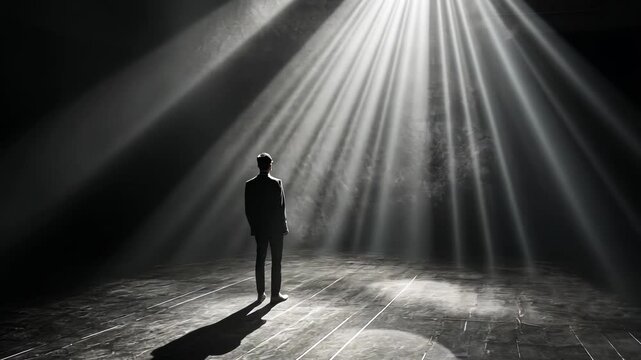 Dramatic spotlight on solitary figure in shadowy ambiance