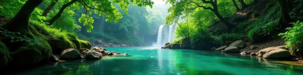 Fototapeta premium Khlong Lan's cascading water, lush green jungle backdrop, travel, Khlong Lan, Southeast Asia