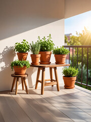 Fototapeta premium : Terracotta pots filled with lush herbs sit on a wooden balcony table, bathed in warm sunlight. Soft shadows stretch across the floor, enhancing the tranquil ambiance of this charming urban garden re
