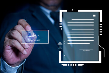 Online business contract Electronic signature, e-signing, paperless office, document management signs an electronic document on digital document by virtual notebook screen using a stylus pen