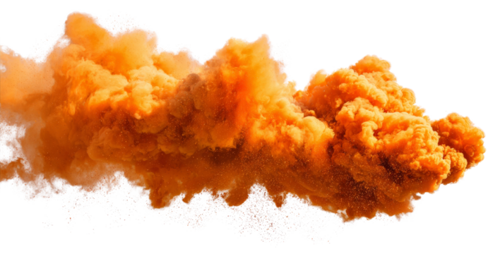 Orange cloud swirls dramatically, filling space with vibrant energy