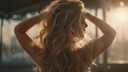 Fototapeta premium Fashion model with long, flowing blonde hair touching her hair while posing in profile, basking in sunlight that highlights her elegant features and creates a soft, glamorous glow