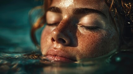 Mental detox in focus and wellness recovery concept. Serene woman floating in water, embodying tranquility and peace.