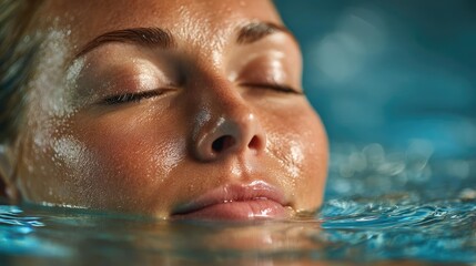 Mental detox in focus and wellness recovery concept. Serene woman relaxing in water, embodying tranquility and peace.