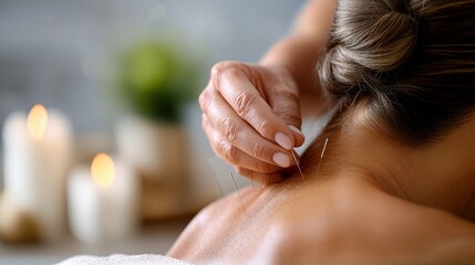 Close-up of hand inserting acupuncture needles into a person's back - relaxing wellness therapy