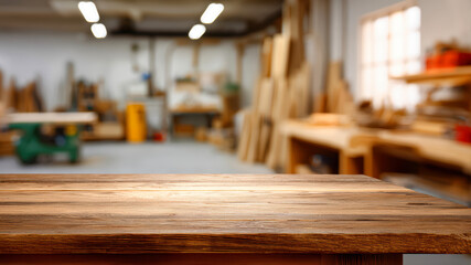 Focused view of a wooden table in a busy workshop filled with tools and materials
