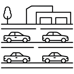 Monochrome line art illustration of cars driving past a building with a tree on a white background