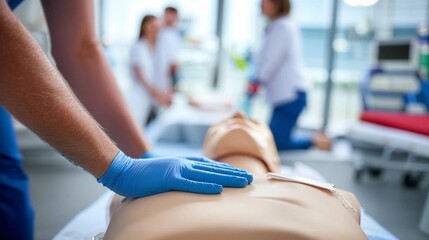 Hands in blue gloves performing chest compressions on training dummy - Medical training