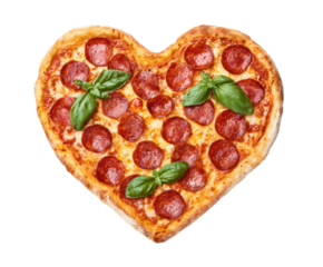 Heart shaped pepperoni pizza with fresh basil for romantic occasions