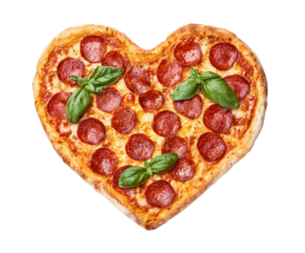 Heart shaped pepperoni pizza with fresh basil for romantic occasions