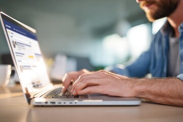 Professional remote work environment with man using laptop for business communication and digital marketing in a modern, bright office setting with natural light