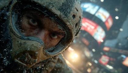 Soldier in Snowy Urban Scene.