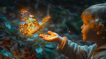 Enchanting Encounter: Child Reaching for Holographic Butterfly
