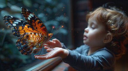 Enchanting Encounter: Child Reaching for Holographic Butterfly