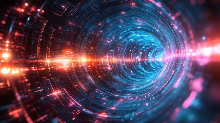 Obraz premium Digital tunnel abstract background featuring scifi neon glowing lights and data transmission depicting highspeed connectivity in futuristic technology