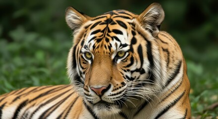 Close-up of a tiger's head and upper body.