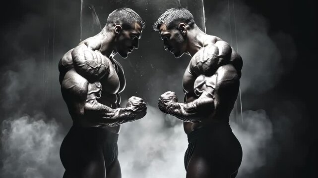 Intense bodybuilding pose transforming into fierce determination under dramatic lighting